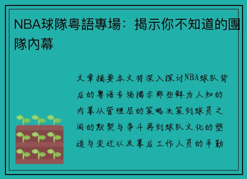 NBA球隊粤語專場：揭示你不知道的團隊內幕