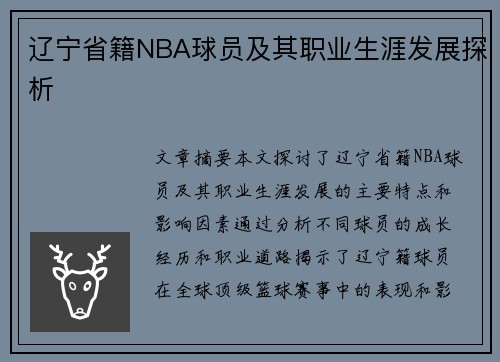 辽宁省籍NBA球员及其职业生涯发展探析